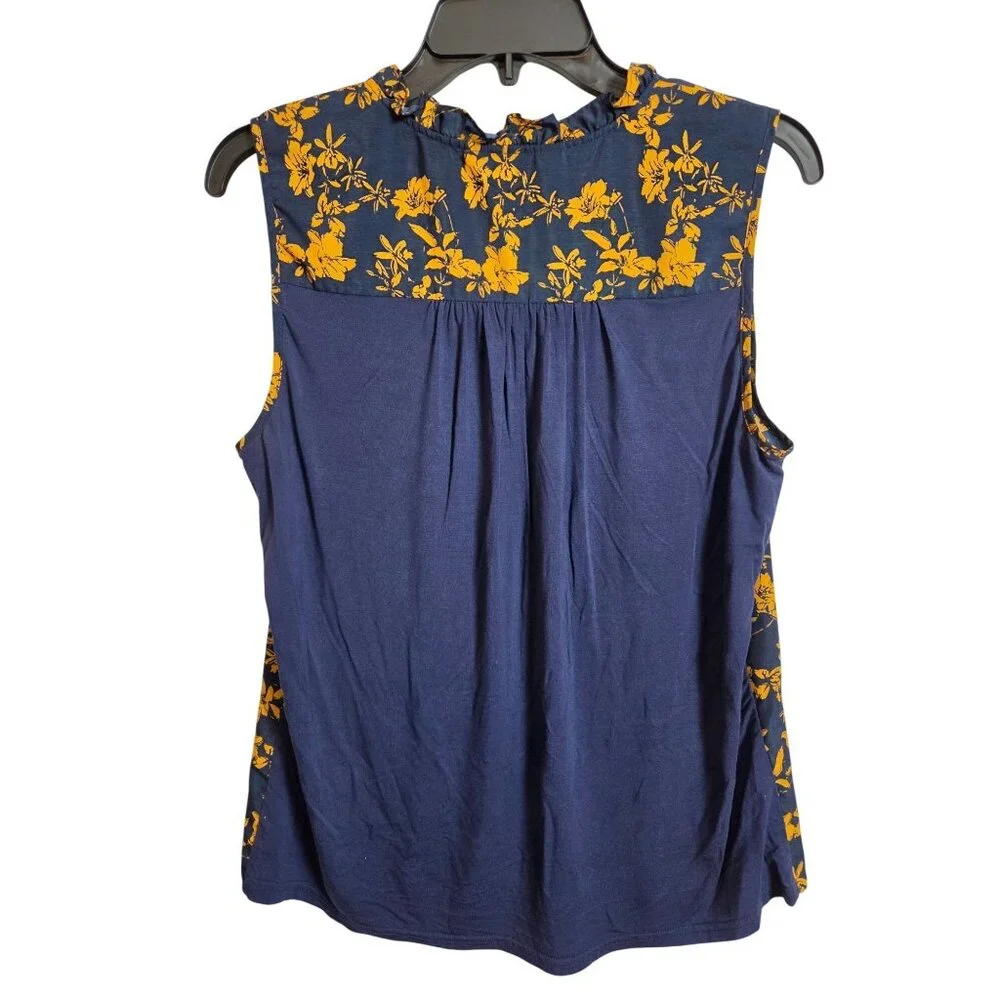 Market & Spruce Floral Sleeveless Ruffle Blouse Navy & Yellow Womens Large - Picture 4 of 14